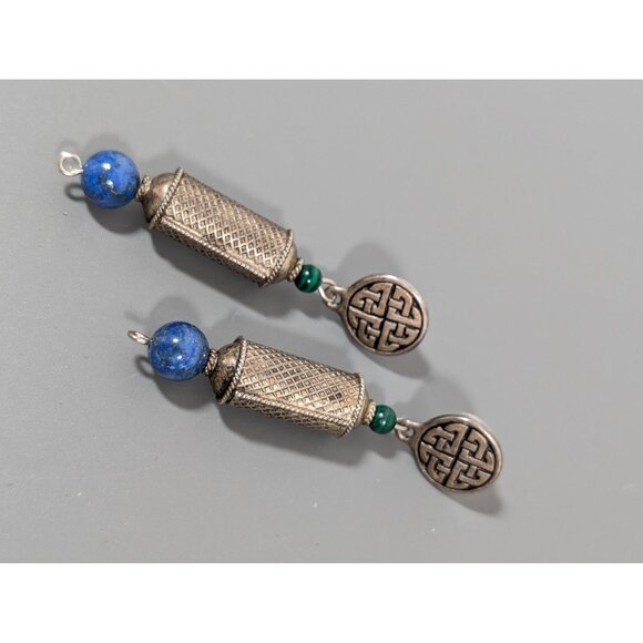 Vintage Celtic Knot Blue Green Stone Long Dangle Earrings Silver Tone - Picture 2 of 7